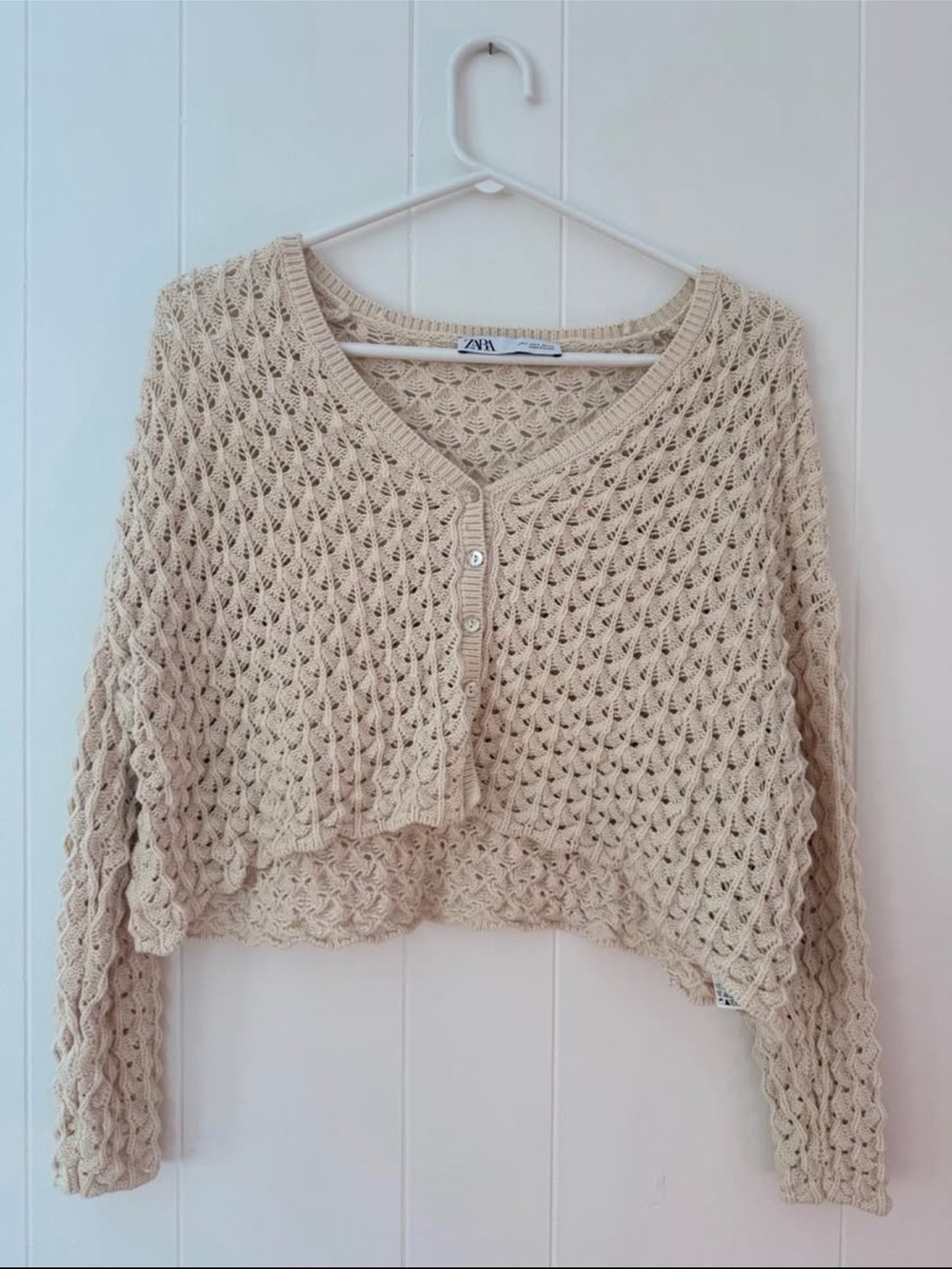 Zara Beige Crochet Knit Button-Front Cropped Cardigan
